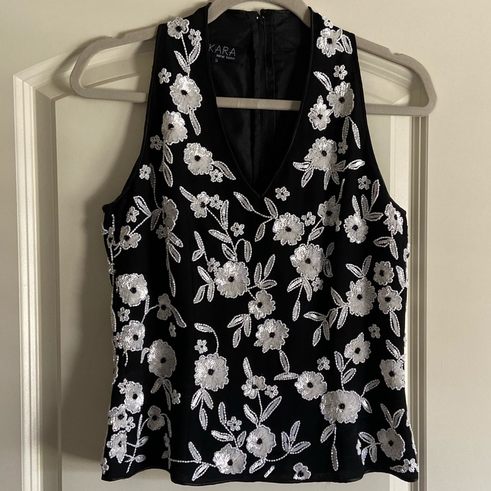 J Kara Black Sleeveless V-Neck Top with White Sequin Floral Embroidery